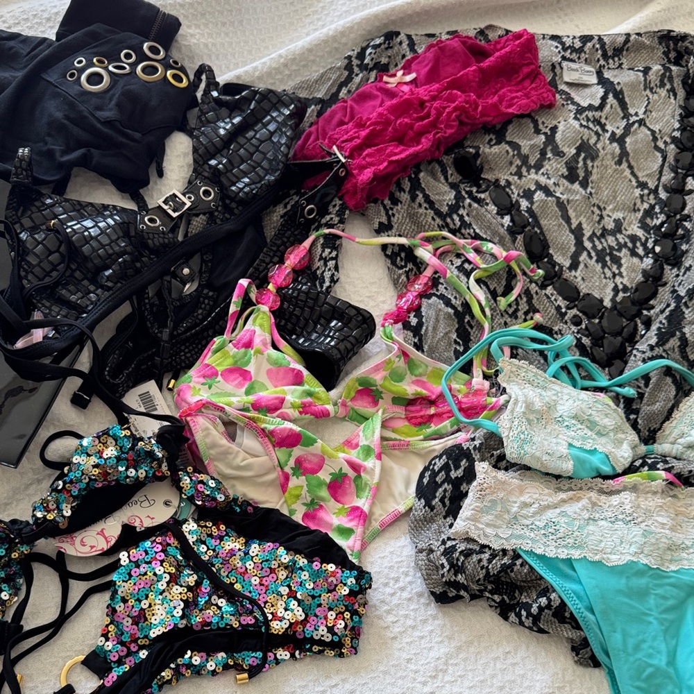 Fabric lot of beach, bunny, bikini top bottom swim wear cover up older vintage